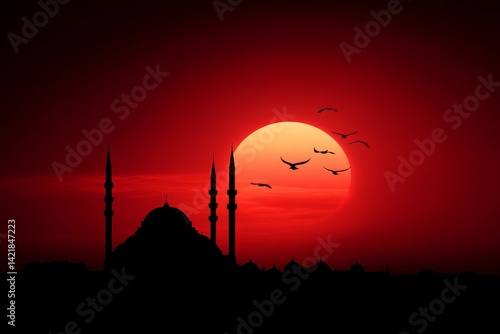 Wallpaper Mural Mosque Sunset Silhouette - Silhouette of a mosque at sunset with birds flying, set against a vibrant red sky. A peaceful and serene scene Torontodigital.ca