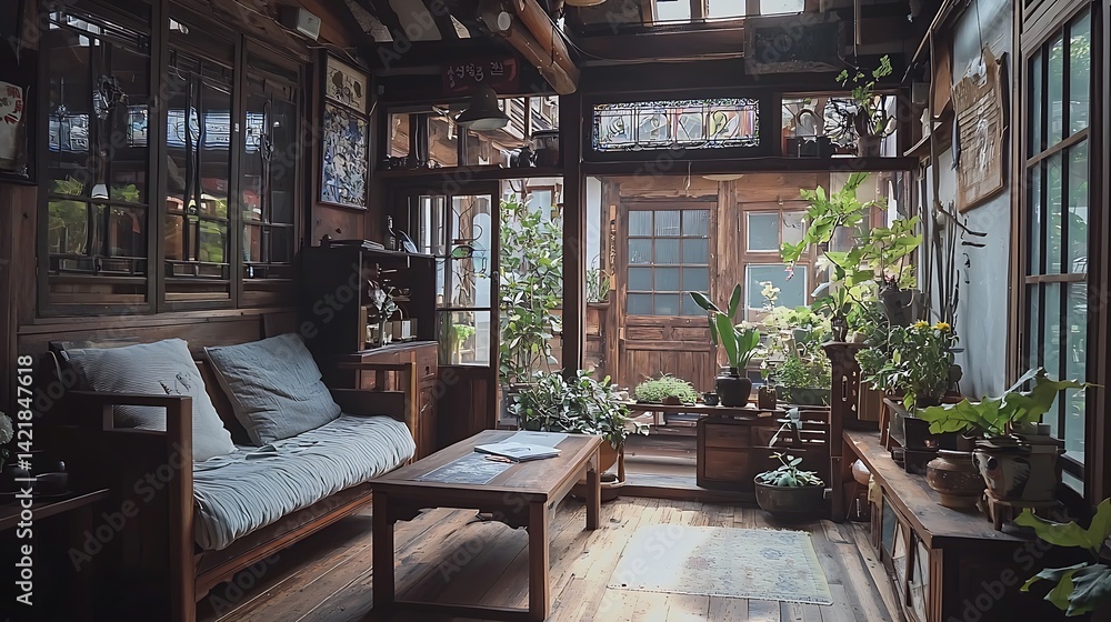 Fototapeta premium Sunlit rustic room with wooden furniture, plants, and windows.