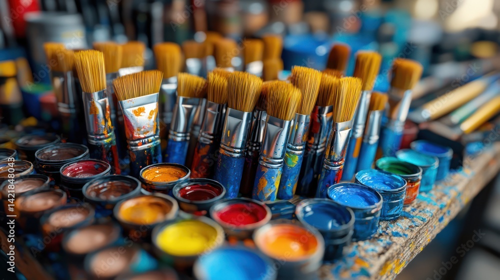 Paintbrushes, paints, studio, art supplies, workshop Paintbrushes, paints, studio, art supplies, workshop