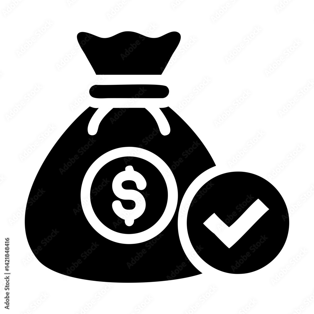 Money Bag with Tick Icon Vector Silhouette in Black, on Transparent Background Money Bag with Tick Icon Vector Silhouette in Black, on Transparent Background