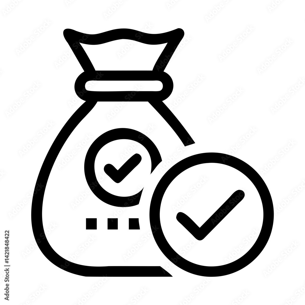 Black Silhouette Money Bag with Tick Vector on Transparent Background Black Silhouette Money Bag with Tick Vector on Transparent Background