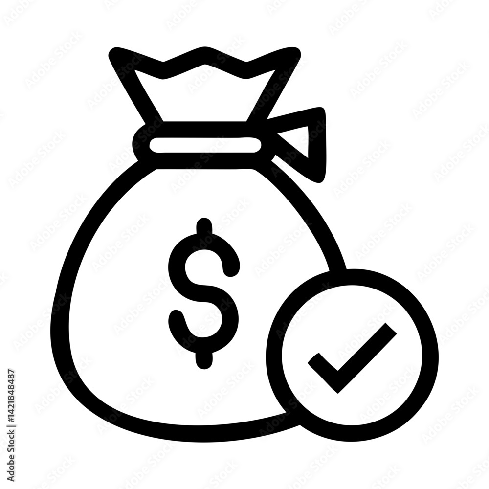 Money Bag with Tick Icon Vector Silhouette in Black, on Transparent Background Money Bag with Tick Icon Vector Silhouette in Black, on Transparent Background