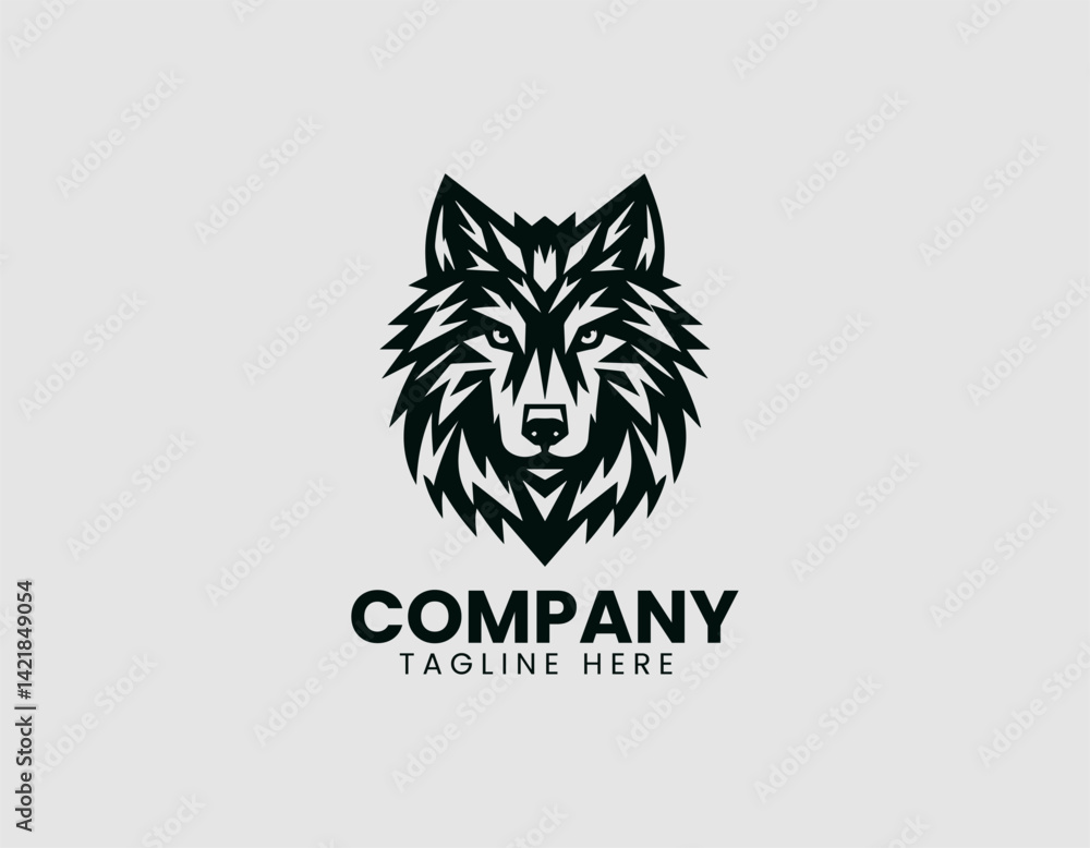 Fototapeta premium Striking Wolf Head Sharp Gaze Vector Logo Design, Intense Wolf Head Piercing Gaze Logo