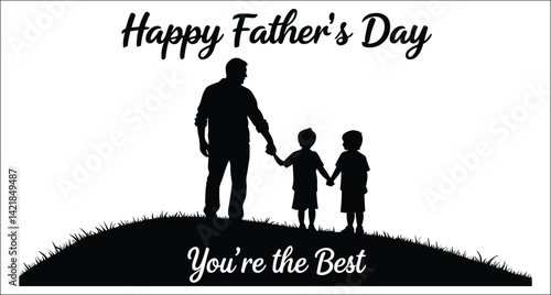 Happy Fathers Day Silhouette Father Holding Hands With Two Children
