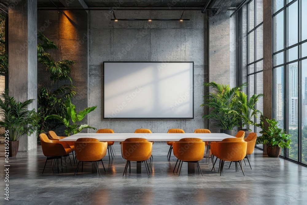 Conference room featuring a large table orange chairs concrete walls and greenery