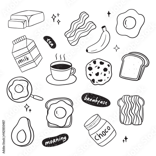 hand drawn doodle breakfast food icons set