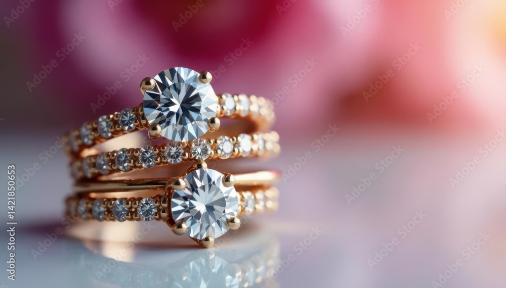 Fototapeta premium Stack of diamond engagement rings, clustered close , bridal, celebration, wedding rings