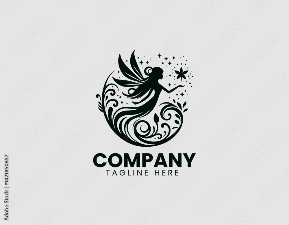 Fototapeta premium Enchanting Fairy Silhouette Wings Magic Vector Logo Design, Beautiful Fairy with Wings Magic Dust Logo