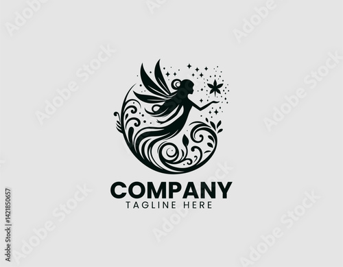Enchanting Fairy Silhouette Wings Magic Vector Logo Design, Beautiful Fairy with Wings Magic Dust Logo