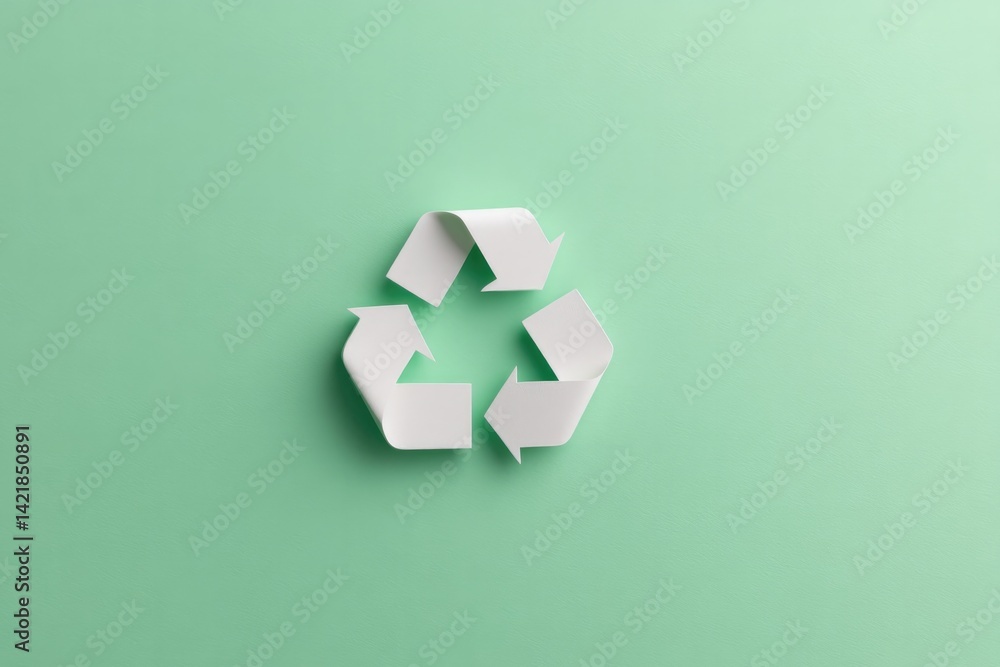 solitary recycling symbol rendered in white neatly centered on smooth pastel green background solitary recycling symbol rendered in white neatly centered on smooth pastel green background