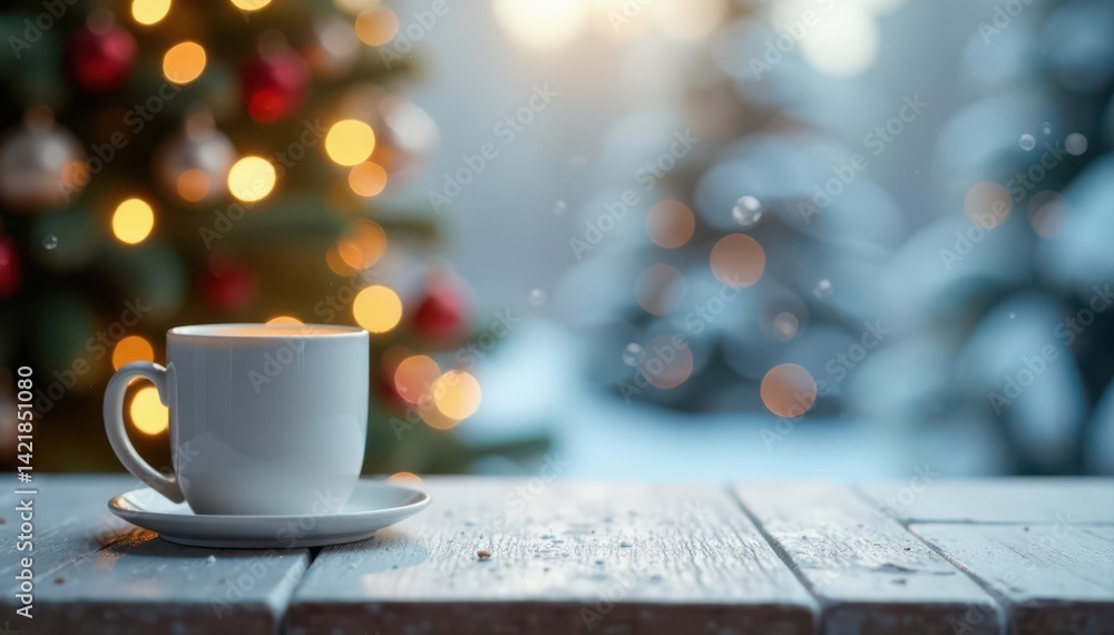 Obraz premium White tabletop, warm bokeh Christmas lights, snowy backdrop Product display mock-up , celebration, image