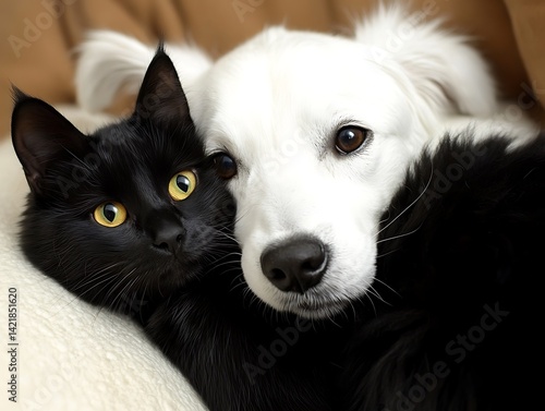 A black cat and white dog are cuddling together peacefully