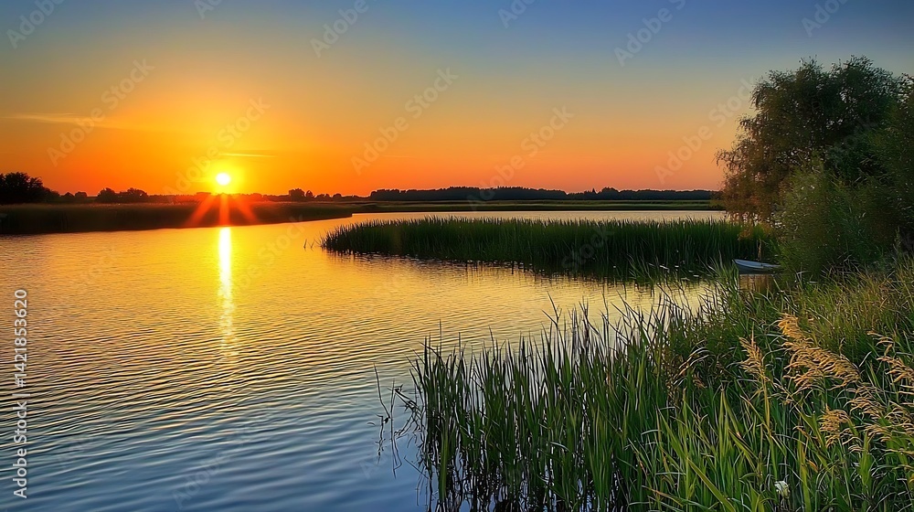 Obraz premium Serene sunset over calm river, boat near reeds.