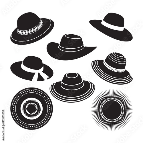 Vector set of fashion hat icons includes a retro bowler, sun hats, cowboy cap, and gentleman's silhouette