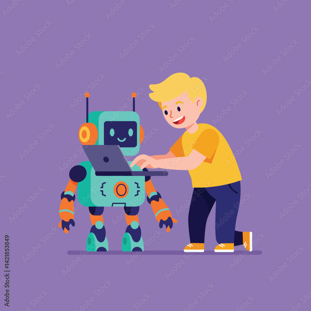Young boy interacting with friendly blue and orange robot illustration vector graphic on purple background Young boy interacting with friendly blue and orange robot illustration vector graphic on purple background