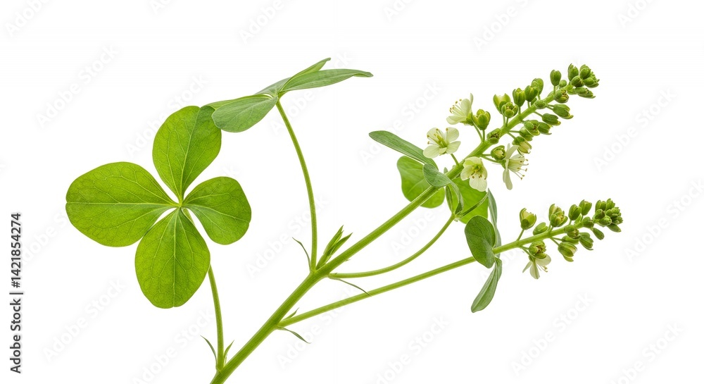 Naklejka premium Botanical Close Up of Sorrel Rumex Acetosa Highlighting Intricate Leaf Shape and Flowering Stems Isolated on White Background Perfect for Education and Botanical Designs