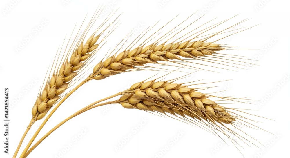 Botanical Close Up of Wheat Triticum Aestivum Grain Heads and Stalks Isolated on White Backdrop in a Detailed Studio Shot for Agricultural or Nutritional Use Botanical Close Up of Wheat Triticum Aestivum Grain Heads and Stalks Isolated on White Backdrop in a Detailed Studio Shot for Agricultural or Nutritional Use