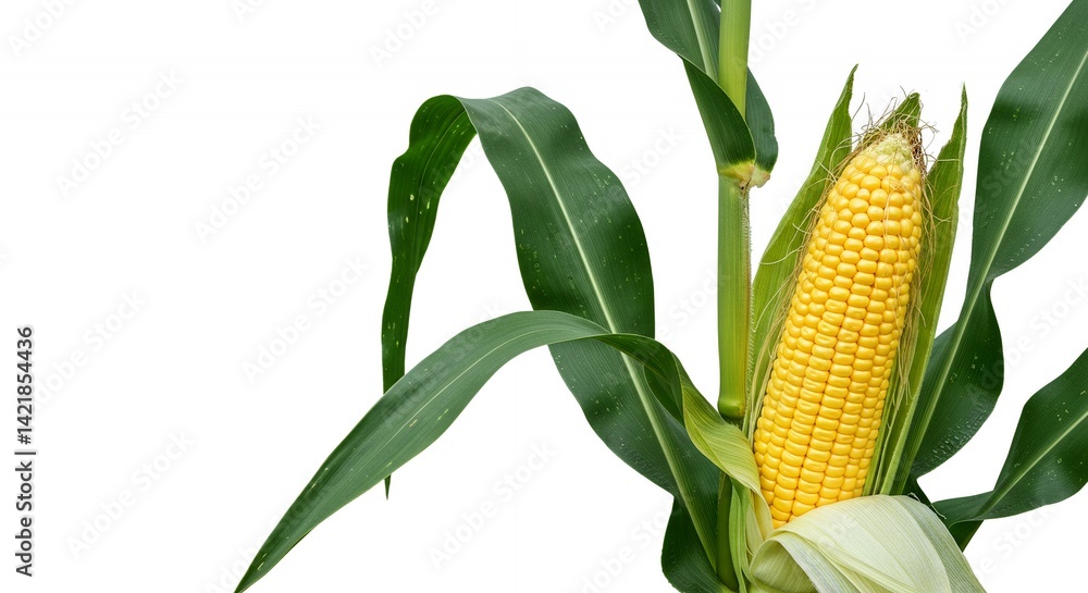 Botanical Corn Detailed View Isolated on White Showcasing Yellow Kernels and Green Leaves Agricultural Focus for Education and Decoration Botanical Corn Detailed View Isolated on White Showcasing Yellow Kernels and Green Leaves Agricultural Focus for Education and Decoration