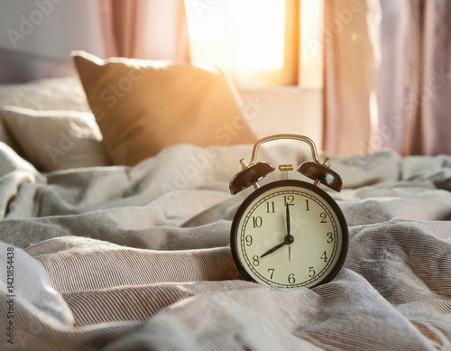 The alarm clock on the bed has a bright light in the morning.
