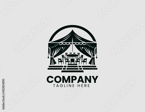 Minimalist Event Tent Silhouette Table Chairs Vector Logo Design, Simple Event Tent Table Chairs Silhouette Logo