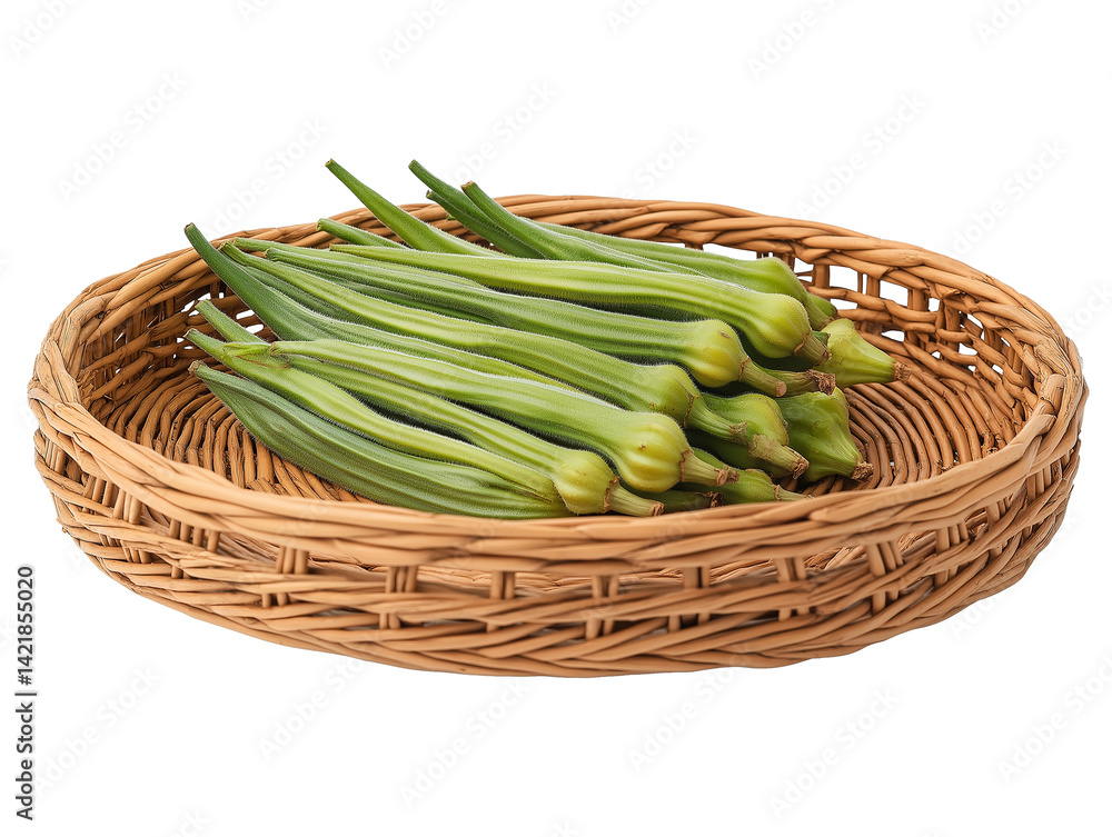 PNG transparent background image of a basket filled with fresh okra, suitable for food or health-themed designs. PNG transparent background image of a basket filled with fresh okra, suitable for food or health-themed designs.