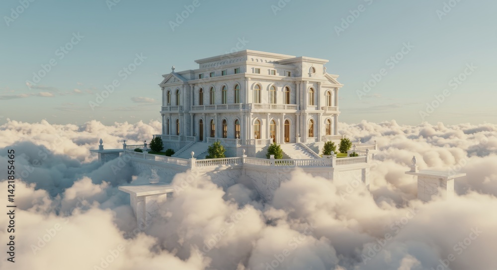Fototapeta premium A grand mansion perched high above the clouds, exuding ethereal beauty