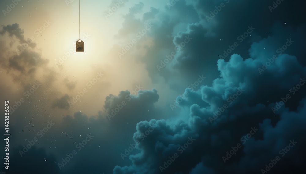 Ethereal light illuminating a floating lantern in a dreamy cloudscape surreal environment atmospheric viewpoint concept of hope and freedom