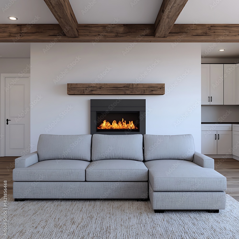 Comfortable living room with gray sofa, fireplace, wooden beams, and warm ambiance for home interior design.