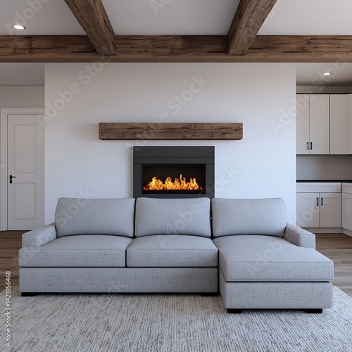 Obraz na płótnie Comfortable living room with gray sofa, fireplace, wooden beams, and warm ambiance for home interior design. w salonie