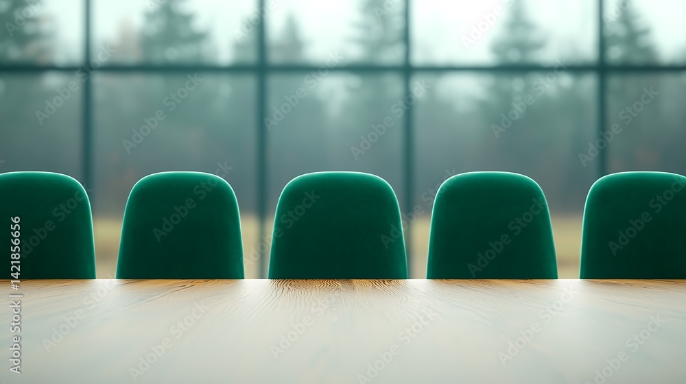 Conference Room Arrangement: Green Chairs Around Wooden Table with Window View for Business Discussions and Collaboration.