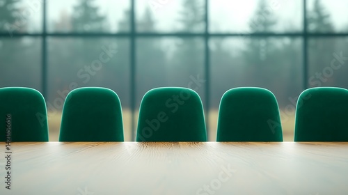 Conference Room Arrangement: Green Chairs Around Wooden Table with Window View for Business Discussions and Collaboration.