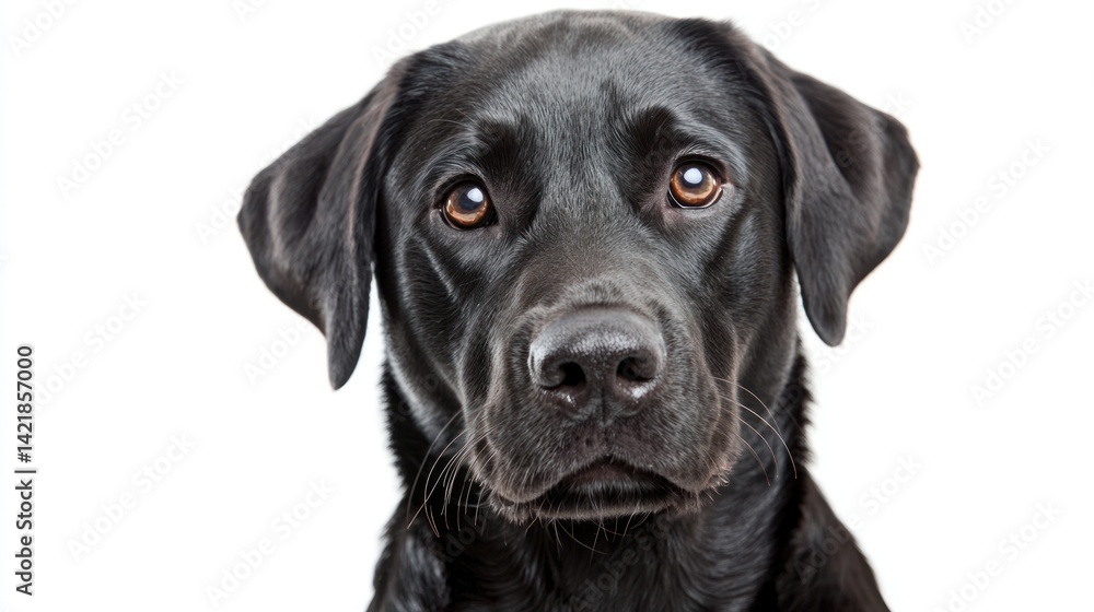 Portrait of a black Labrador Retriever with shiny fur, looking directly at the camera, isolated on a white background. Portrait of a black Labrador Retriever with shiny fur, looking directly at the camera, isolated on a white background.