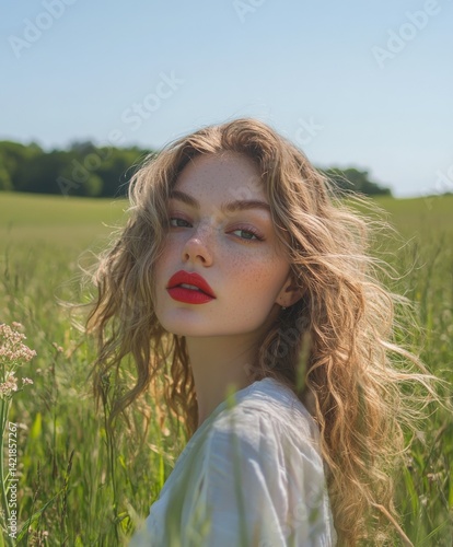 A peaceful woman with light amber blonde waves soaring, winter-toned skin, and red gloss lips is standing in a beautiful green field.