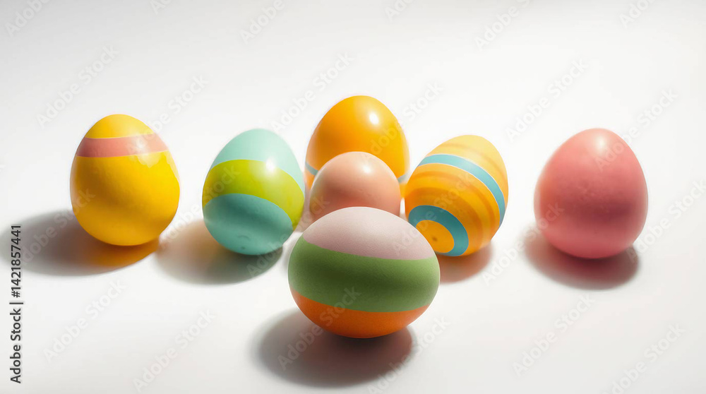 a collection of vibrantly painted Easter eggs arranged along the left and right edges, creating a border effect on a white background a collection of vibrantly painted Easter eggs arranged along the left and right edges, creating a border effect on a white background