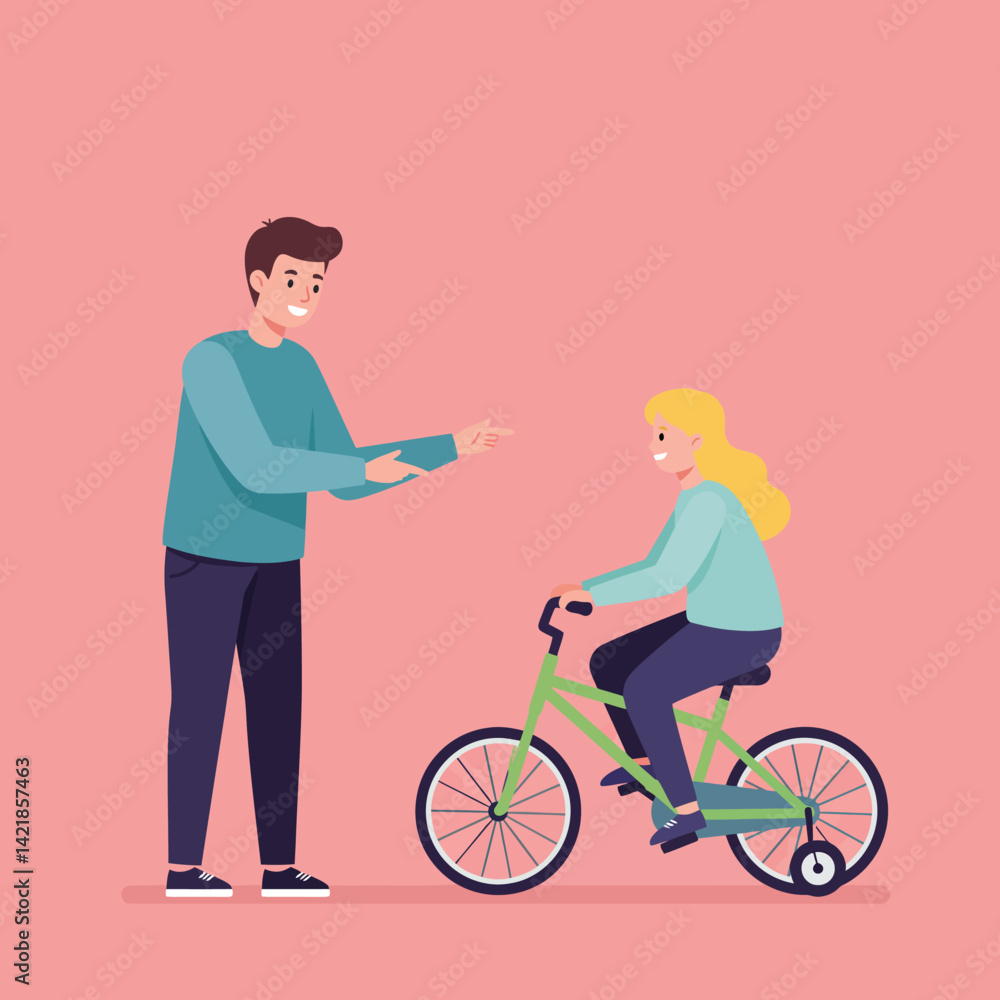 Child learning to ride bike with father guidance on pink background vector illustration Child learning to ride bike with father guidance on pink background vector illustration