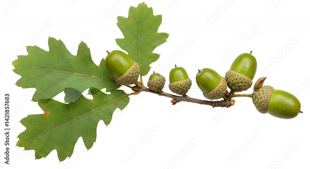 Obraz premium Detailed Botanical Real Shot Isolated White Background of Oak Quercus Robur Emphasizing Acorn Development and Leaf Lobes Green and Brown Colors