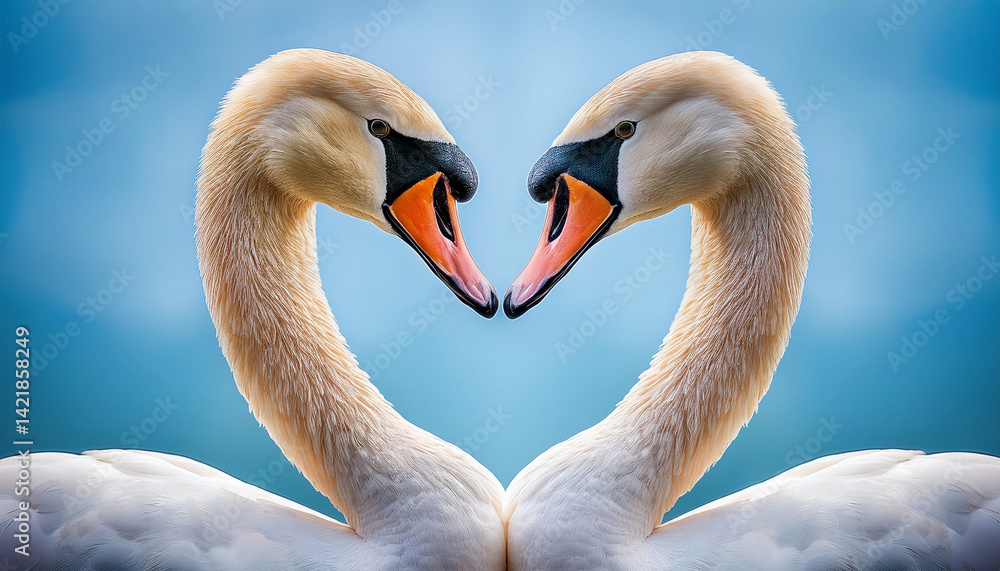 A beautiful swan couple in love on a lake forming a heart symbol with their bodies reflecting in the water A beautiful swan couple in love on a lake forming a heart symbol with their bodies reflecting in the water
