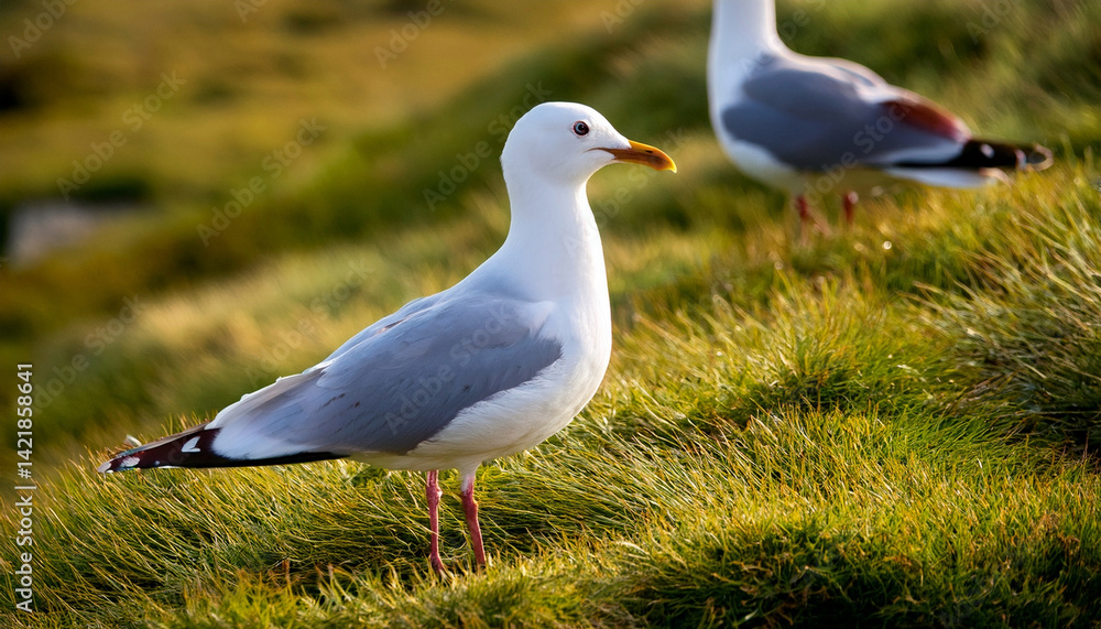 Seagulls standing on a green grass lawn 