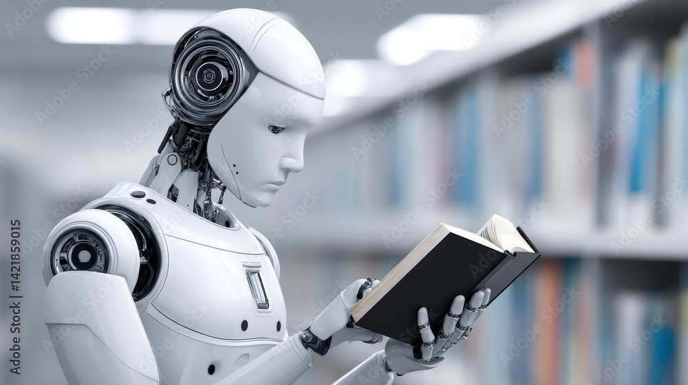 Fototapeta premium Robot Reading in Library - A futuristic robot sits in a library, attentively reading a book. The scene depicts technological advancement and knowledge acquisition
