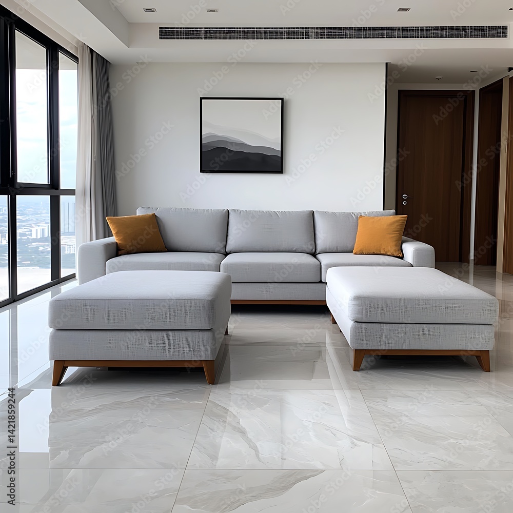 Contemporary Living Room with Gray Sectional Sofa, Neutral Decor, and Modern Art for Interior Design Inspiration.