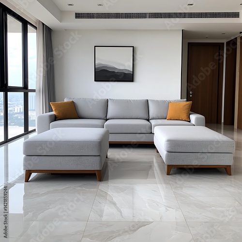 Contemporary Living Room with Gray Sectional Sofa, Neutral Decor, and Modern Art for Interior Design Inspiration.