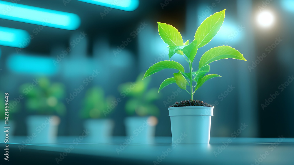 Green Plant Sprout in White Pot Under Blue Laboratory Lighting Green Plant Sprout in White Pot Under Blue Laboratory Lighting
