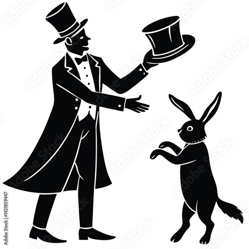 Magician with Top Hat & Rabbit Illustration: Black & White Vintage Style Magic Show Graphic, Classic Conjurer & Bunny Clipart Image