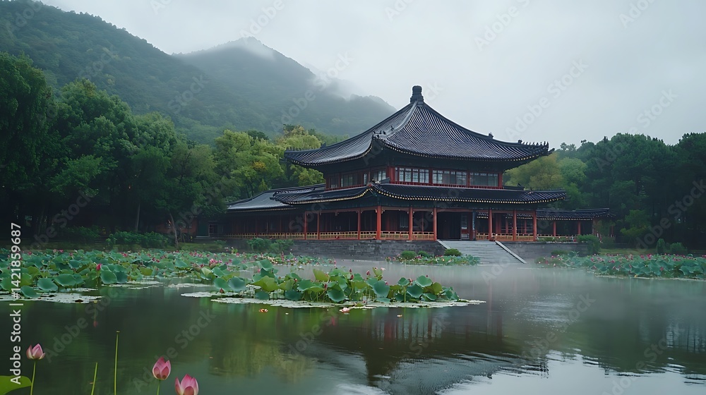 Fototapeta premium Misty morning at a serene Asian temple by a lotus pond.