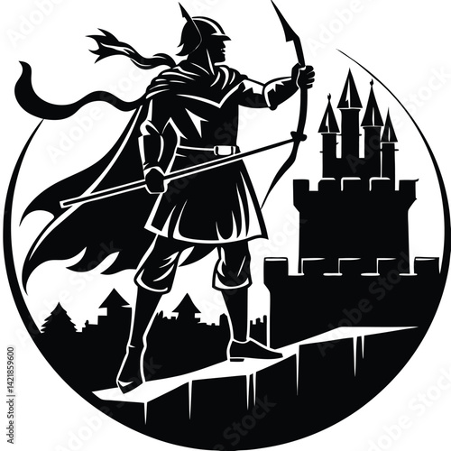 Archer Hero Silhouette: Medieval Warrior with Bow & Arrow Defending Castle - Fantasy Art Illustration, Black and White Graphic