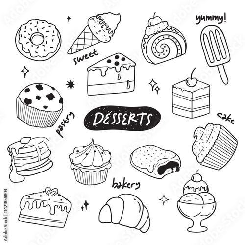 sweet dessert hand drawn doodle set