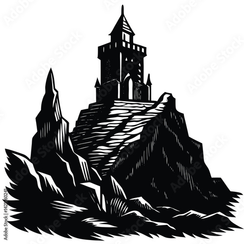 Dark Fantasy Castle Tower on Cliffside, Woodcut Style Illustration, Gothic Architecture, Black and White Landscape Art