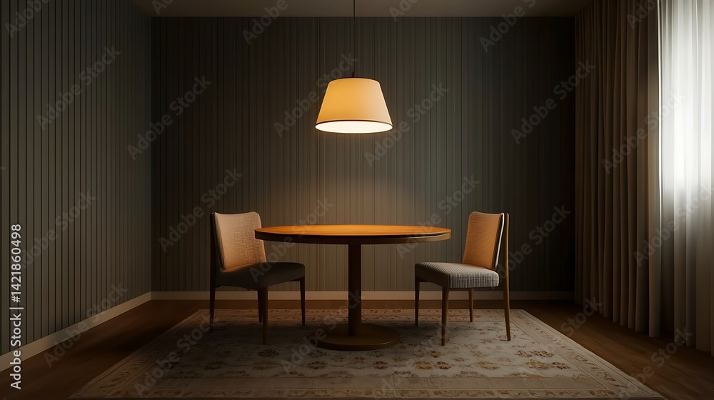 Cozy dining room featuring a round table, two chairs, warm lighting, and elegant rug in a minimalist setting.