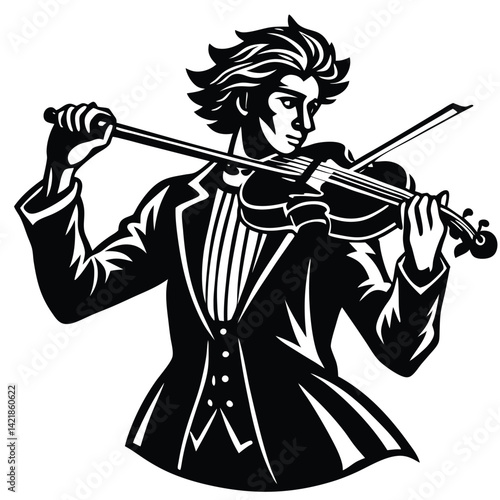 Violinist Playing Violin Black and White Vector Illustration: Classical Music, Musician, String Instrument, Concert, Performance, Art