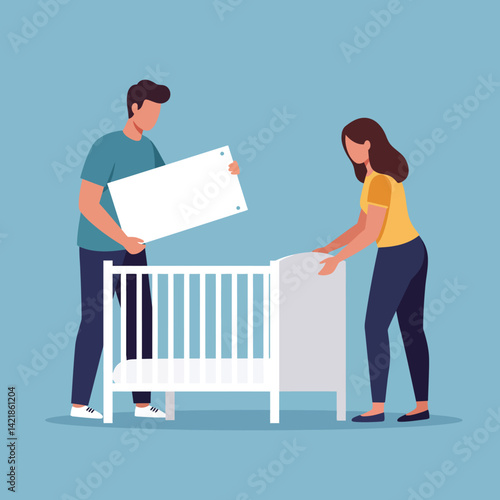 Young couple assembling white baby crib together in blue room vector illustration 